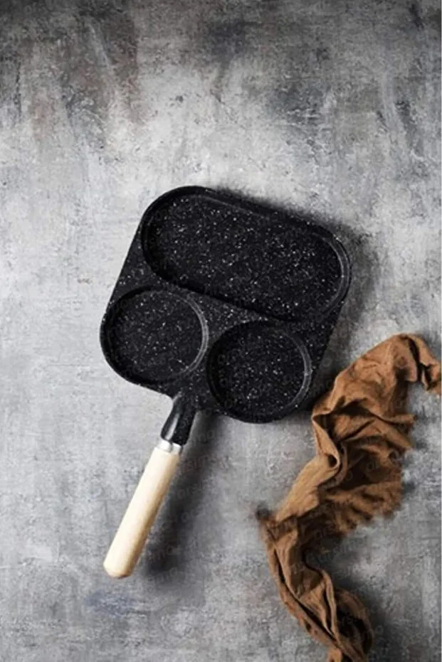 Çok Amaçlı 3 Bölmeli Döküm Granit Tava Üç Bölmeli Tava 3 Gözlü Yumurta Omlet Krep Pankek Tavası